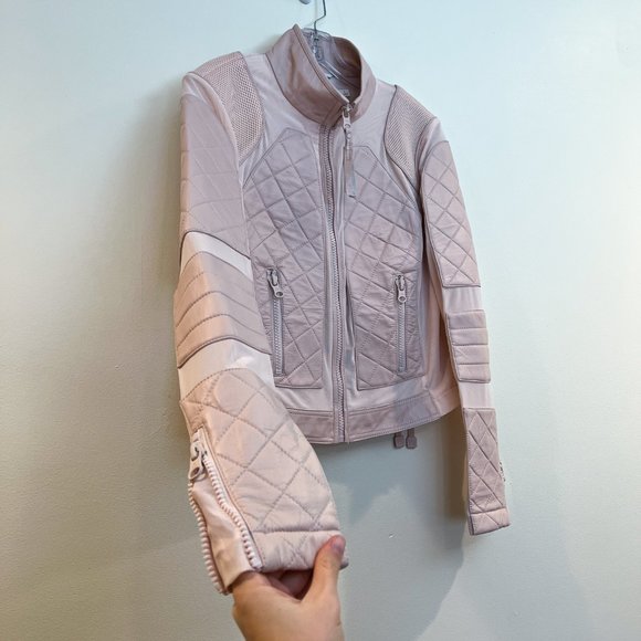 Blanc Noir Light Pink Leather Mesh Bohemian Lace Up Back Full Zip Moto Jacket L - Picture 5 of 14